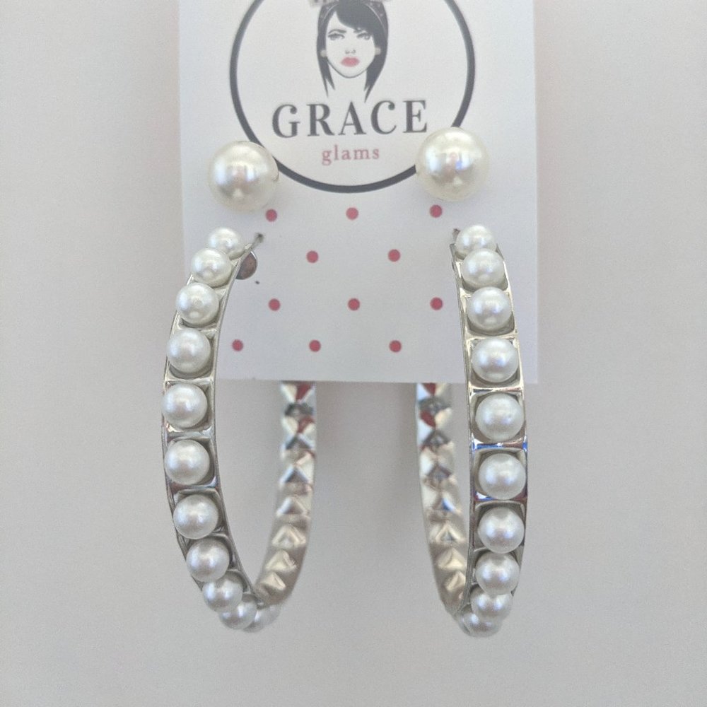 Silver Pearl Hoop Earrings Set Stud Medium Size